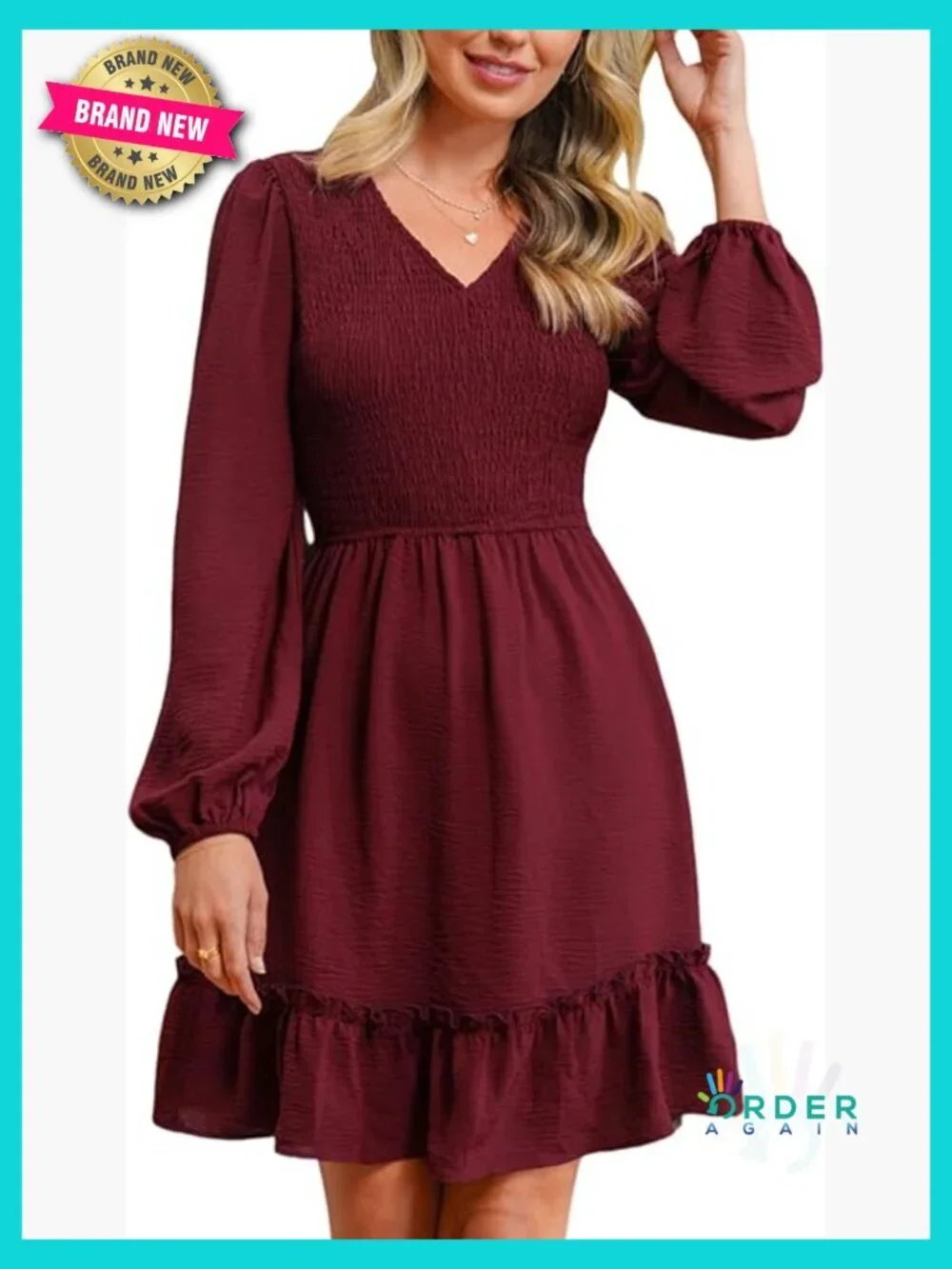 Long Sleeve V Neck Ruffle Smocked A Line Mini Dress Women Flowy Fall